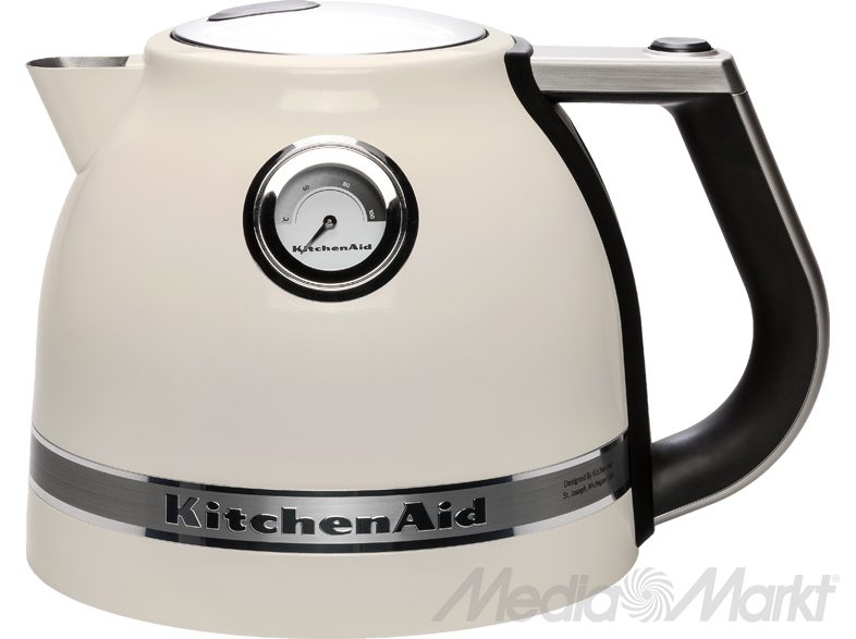 Krémszínű KitchenAid vízforraló fekete fogantyúval és hőmérséklet-mérővel.