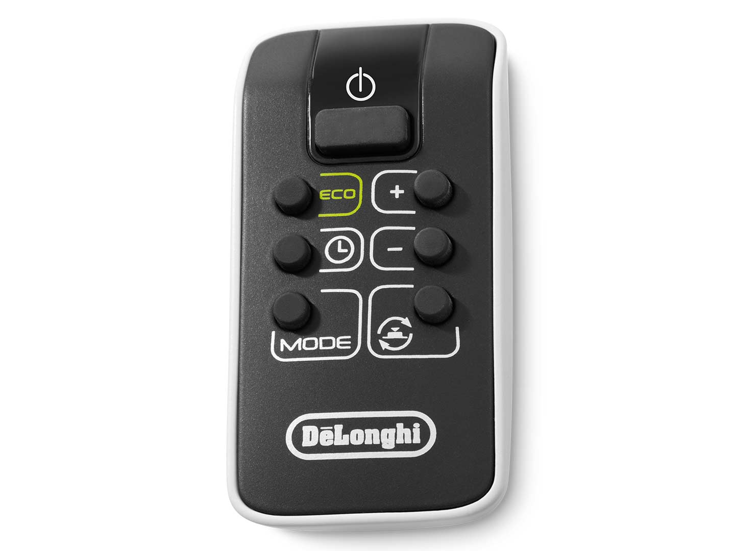 Black and white Delonghi remote control. Has buttons for power, eco, mode and other functions.