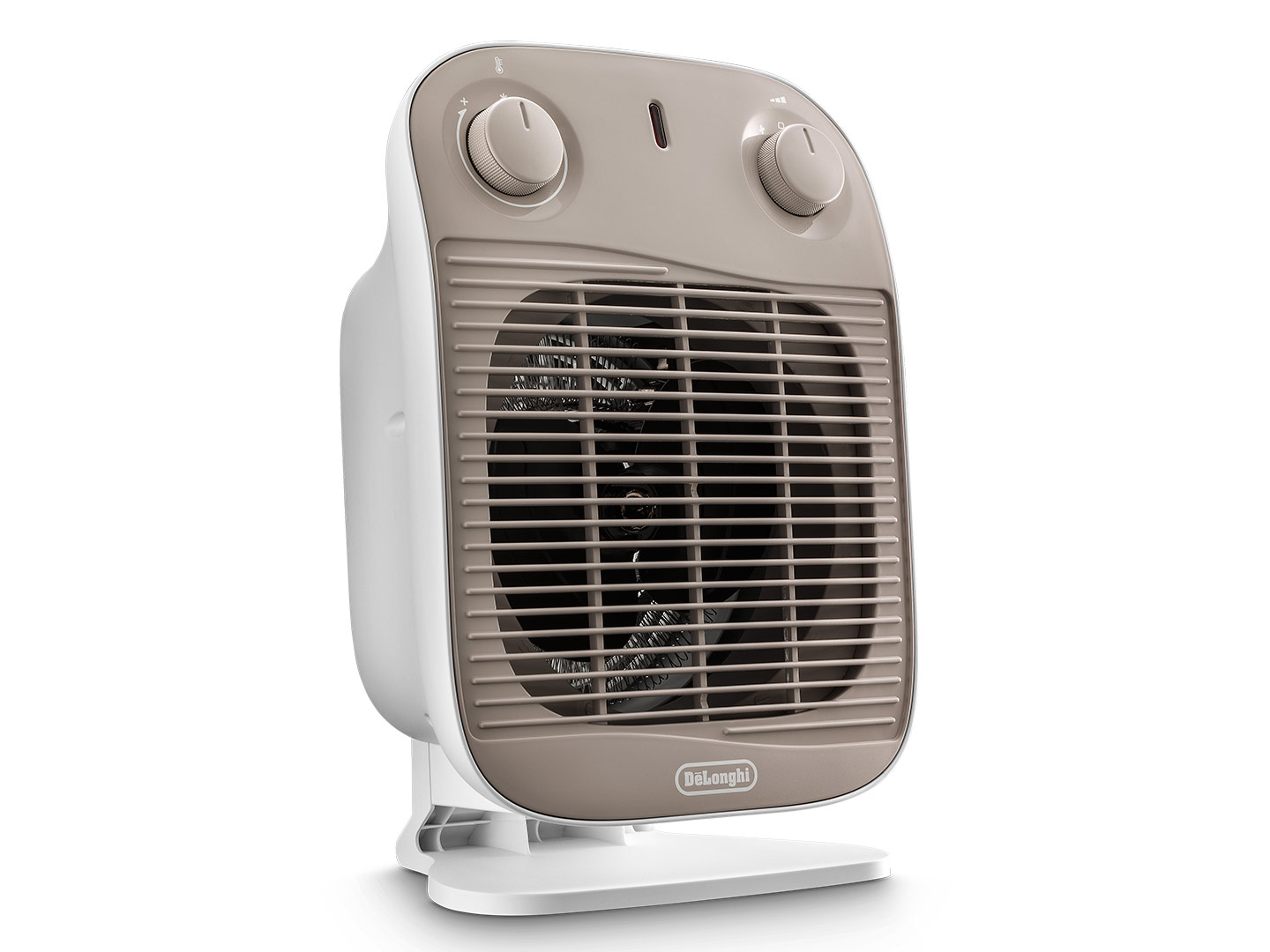 Een beige en witte elektrische kachel met twee knoppen en een ventilator.
