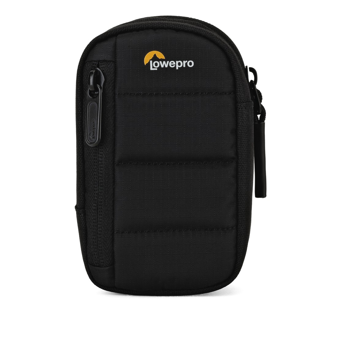 Schwarze Lowepro Kameratasche. Reißverschluss und kleines Lowepro-Logo.
