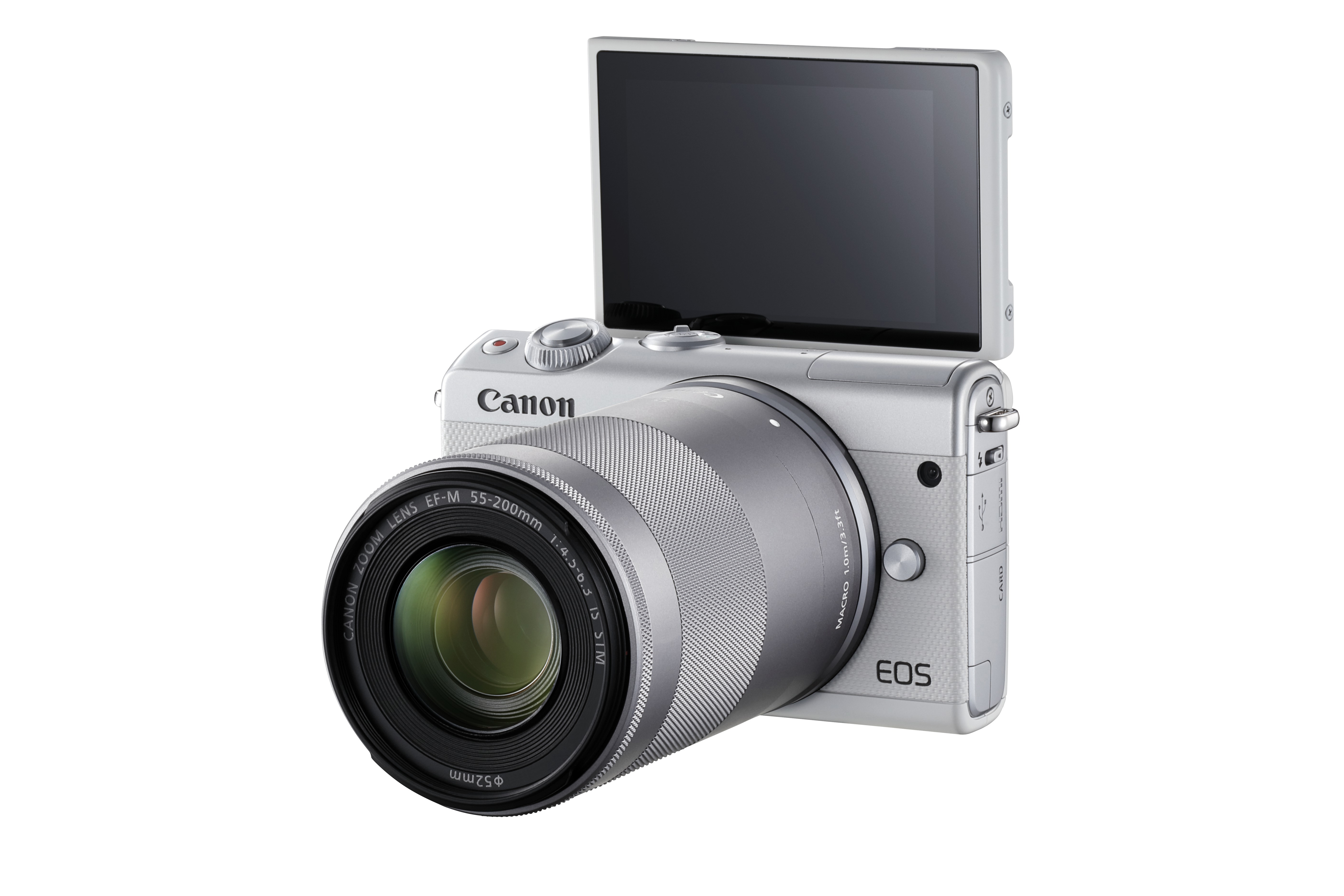 Eine weiße Canon-Kamera mit Objektiv und hochgeklapptem Bildschirm.