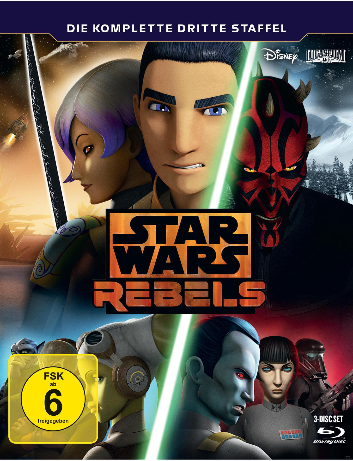 DVD-Cover für Star Wars Rebels mit animierten Charakteren. Mit gelbem Kreis.