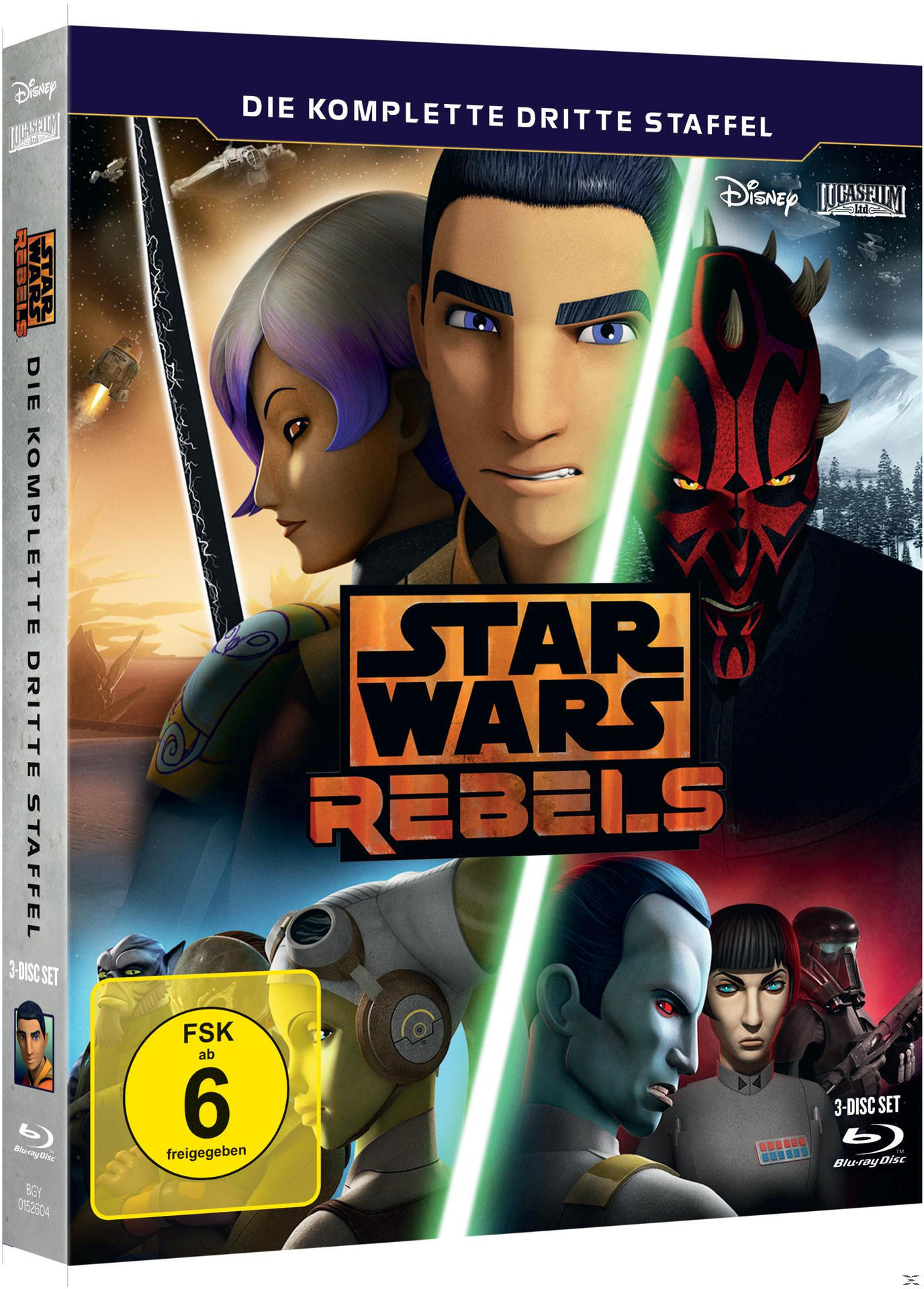 Star Wars Rebels DVD-Hülle. Charaktere sind Ezra, Kanan, Hera und Darth Maul.