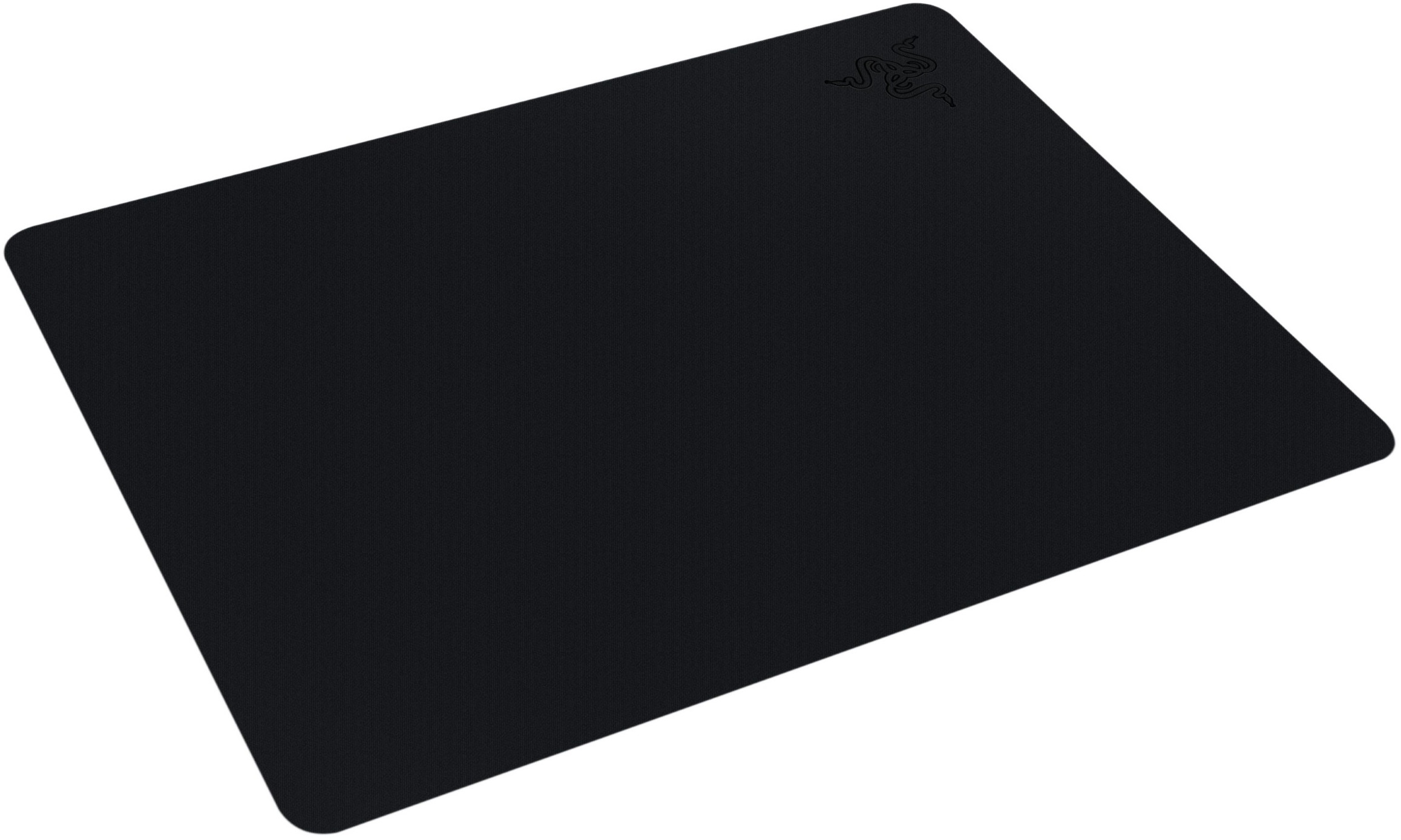 Tapis de souris Razer noir. Logo Razer en haut à droite. Surface noire unie.
