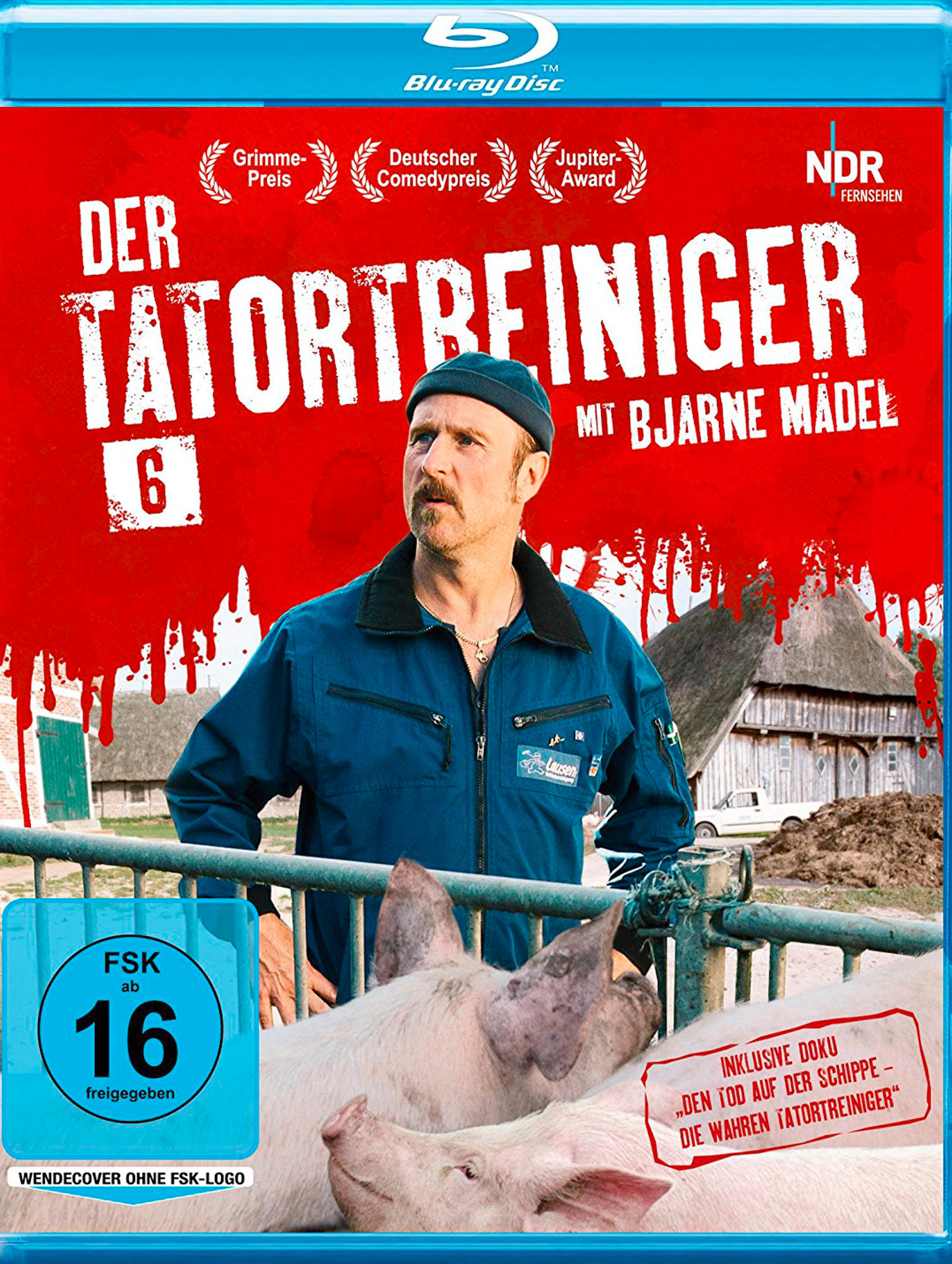 Blu-ray-Disc-Cover mit einem Mann mit Schnurrbart, Schweinen und Text. Rote und blaue Farben.