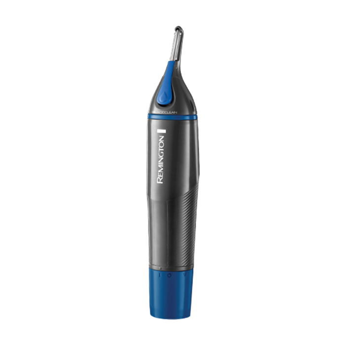 Remington nose and ear hair trimmer. It's black and gray with blue accents. White background.