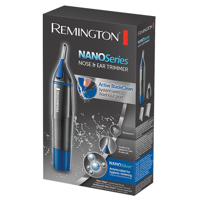 A box of a Remington nose and ear trimmer with its features displayed.