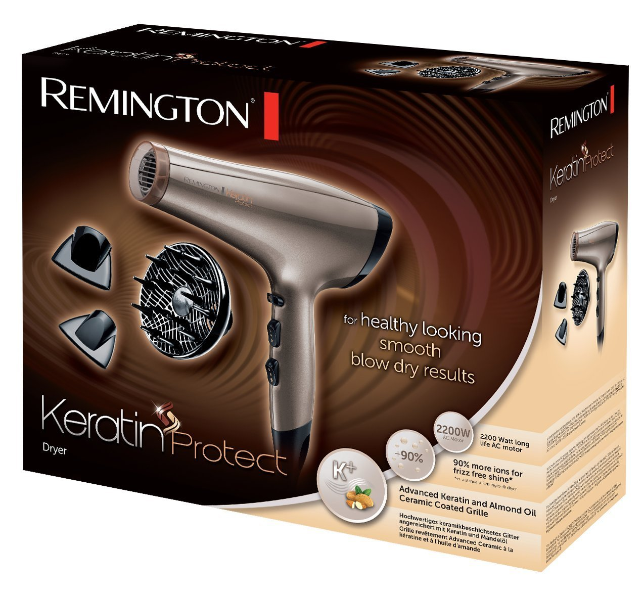 Eine Schachtel mit einem Remington Keratin Protect-Trockner. Die Schachtel zeigt ein Bild des Haartrockners und die Marke und die Funktionen.