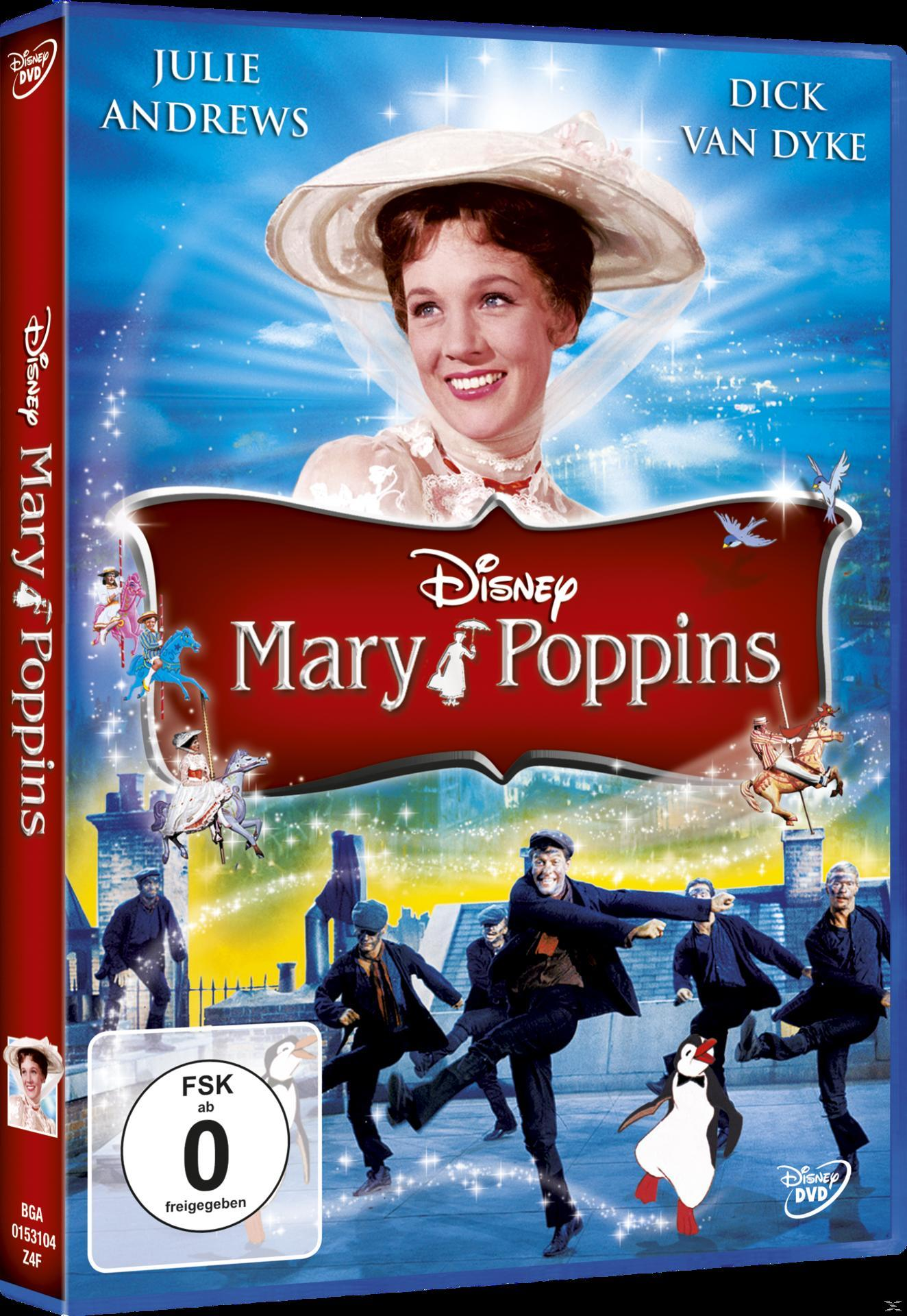 Mary Poppins DVD-Cover mit Julie Andrews. Figuren tanzen im Hintergrund. Blauer Himmel und Stadtbild im Hintergrund.
