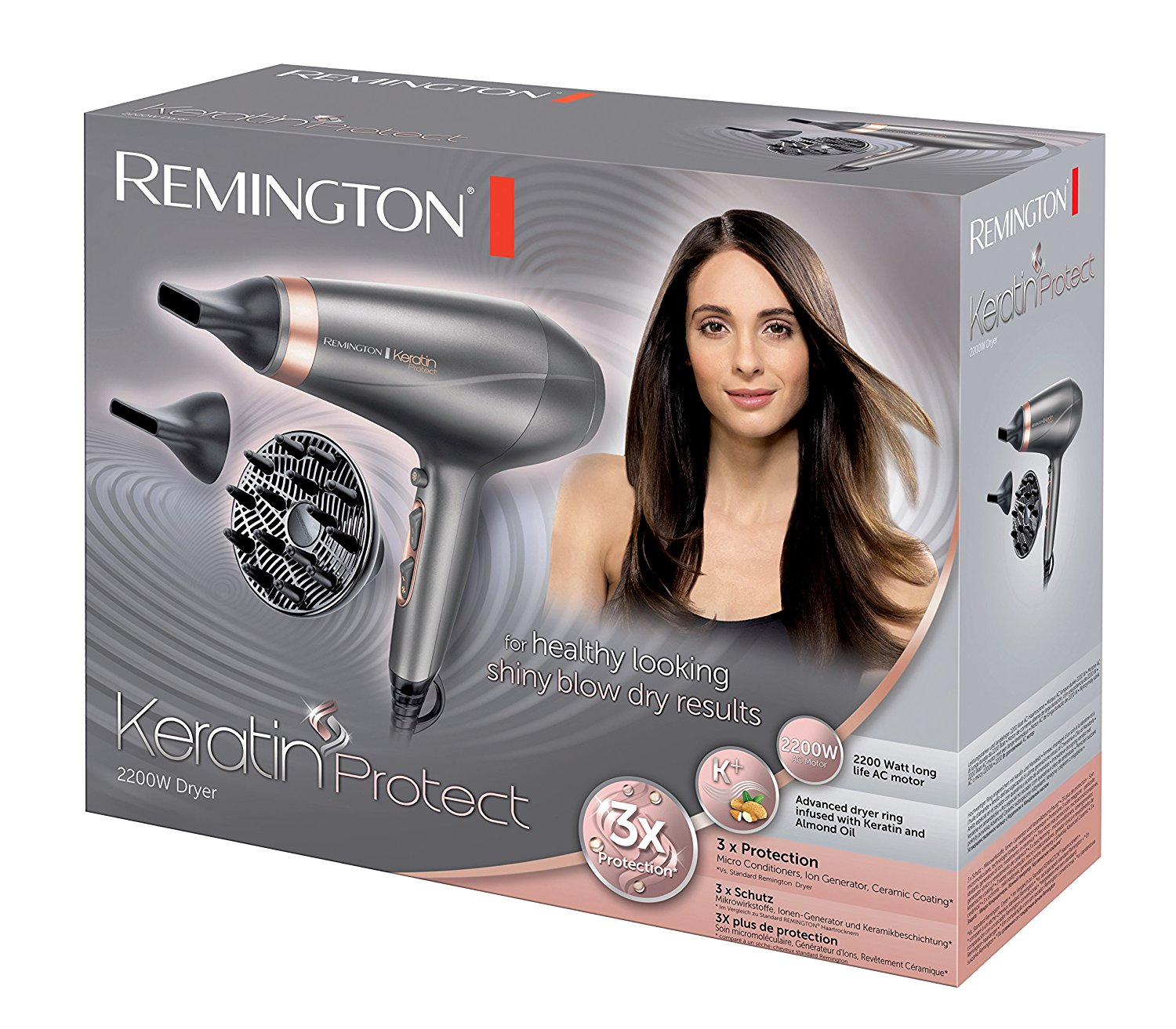 Remington Keratin Protect hair dryer box. A woman is featured. The dryer is gray and pink.