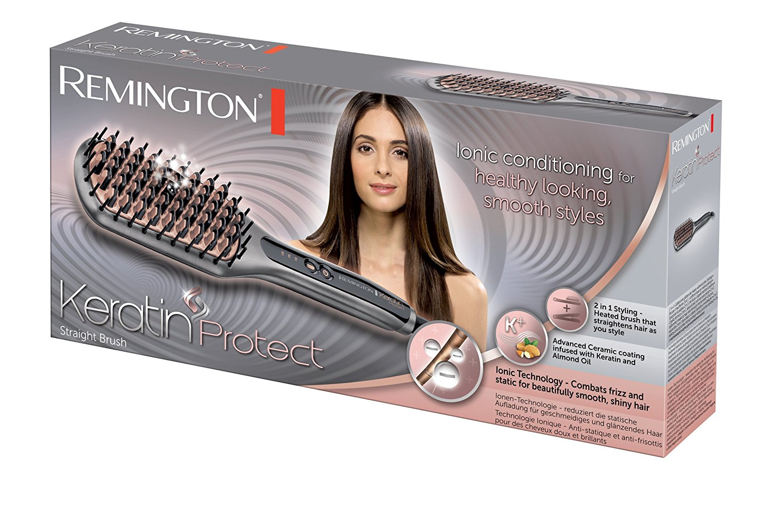 Remington Keratin Protect stijle haarborstel in een doos. Vrouw die haar haar borstelt getoond.