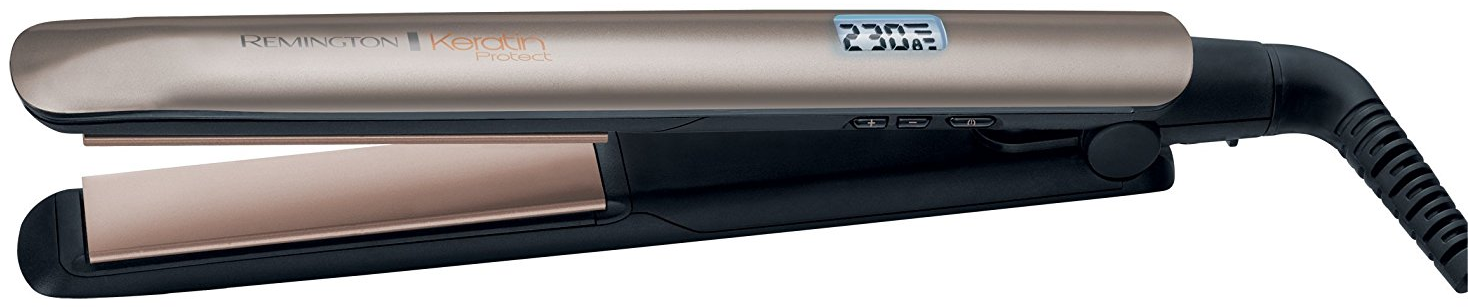 Remington Haarglätter, beige Farbe, Digitalanzeige zeigt 230 Grad. Schwarz und Gold Details.