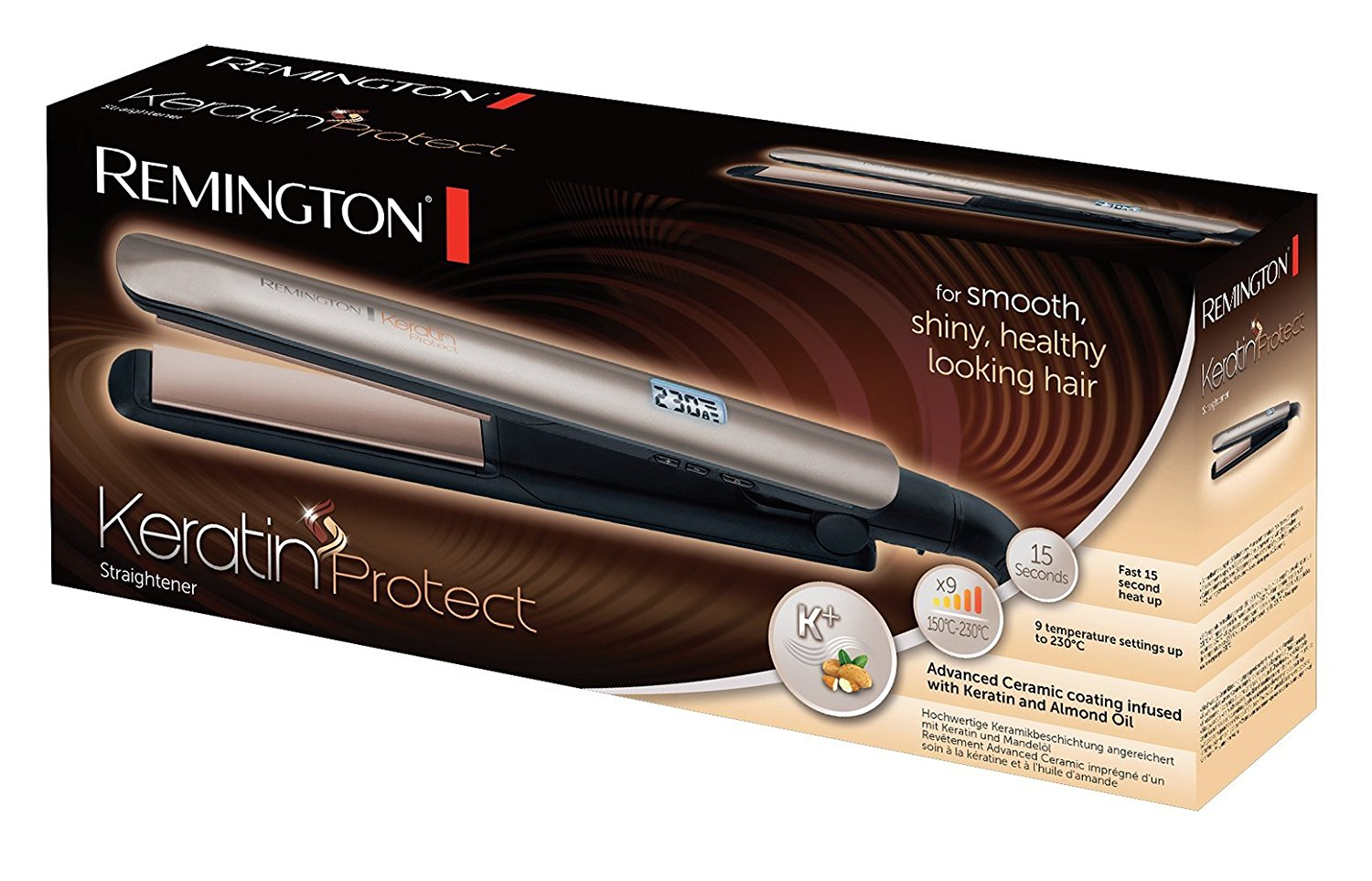 Ein Remington Keratin Protect Haarglätter in einer Box mit Produktinformationen und Bildern.