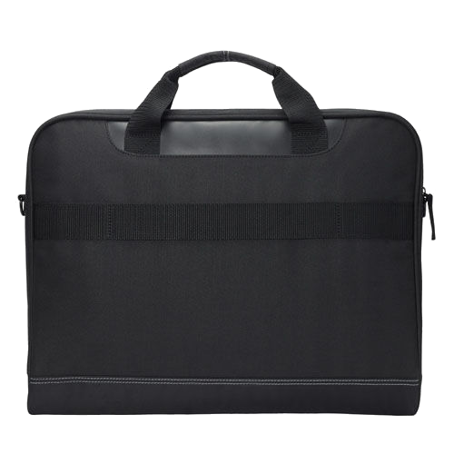 Fekete laptop táska fogantyúval, pánttal és cipzárral fehér háttérben.