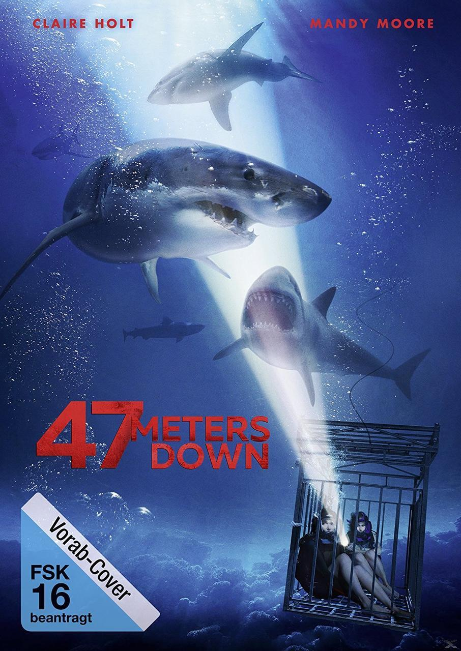 Poster eines Hai-Films. Haie schwimmen in blauem Meer. Zwei Frauen in einem Käfig.
