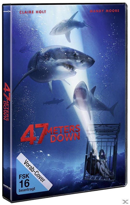 DVD-Cover für den Film "47 Meters Down" mit Haien und zwei Personen in einem Käfig.