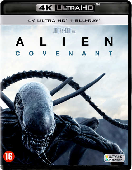Alien Covenant Blu-ray cover. Alien gezicht op de voorgrond, titel en logo bovenaan, 4K Ultra HD. Donkere achtergrond.