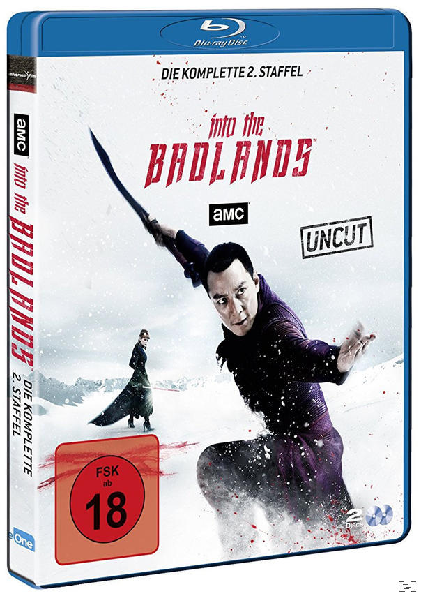 Into the Badlands DVD-Cover mit einem Mann in lila Outfit und einer Frau im Hintergrund.