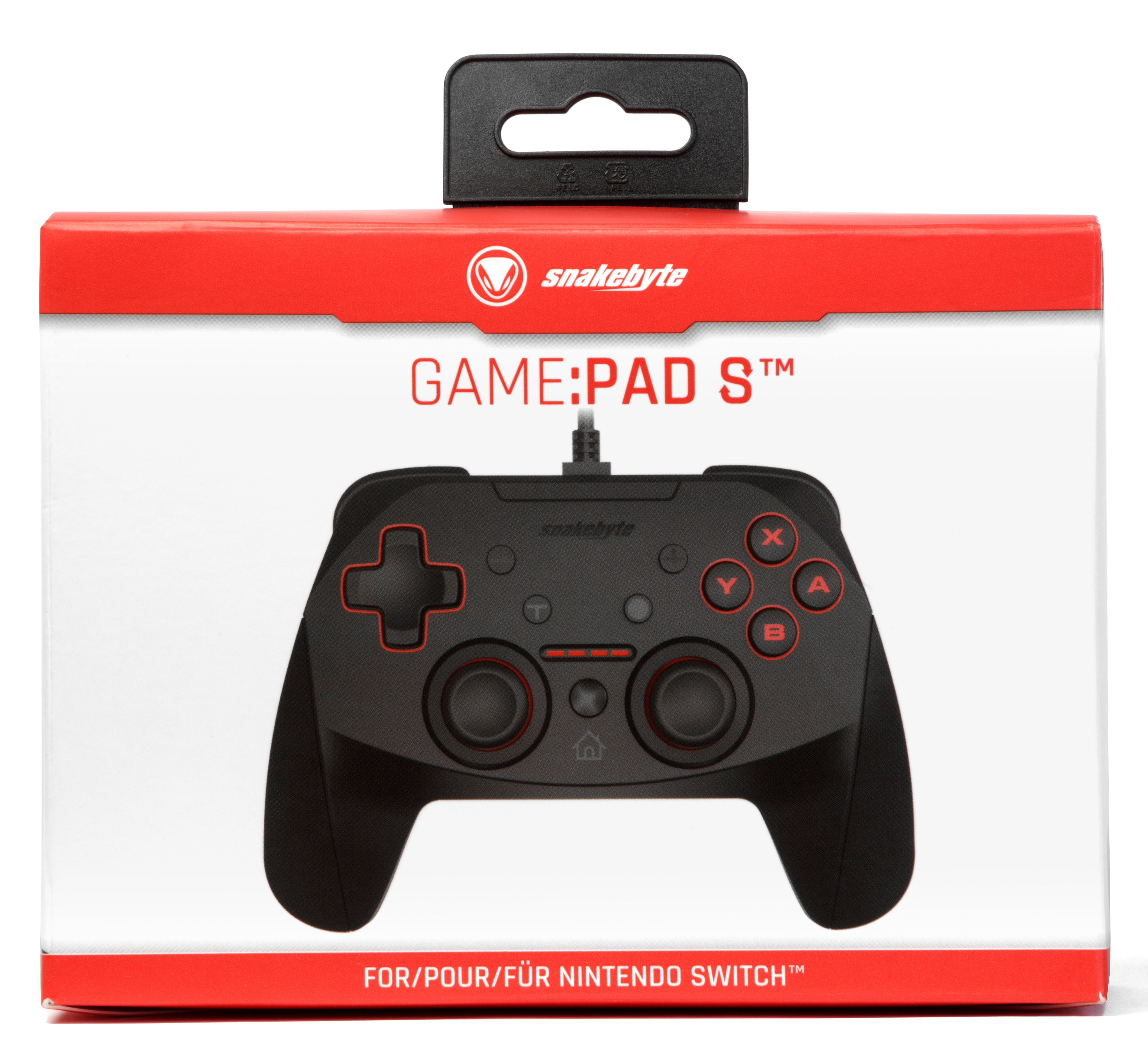 Spielcontroller in einer Box. Schwarzer Controller mit roten Akzenten und Knöpfen. Die Box ist rot und weiß.