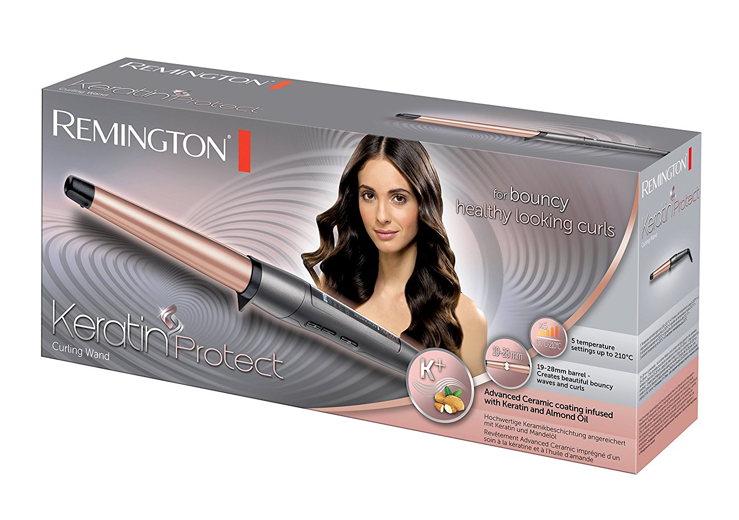 A Remington Keratin Protect curling wand box. It features a woman with curly hair, the curling wand, and product details.