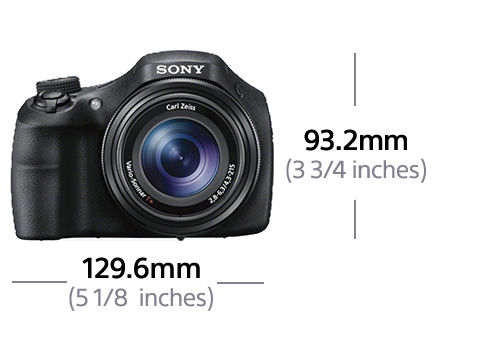 Schwarze Sony Kamera mit Objektiv, Maße in Millimetern.