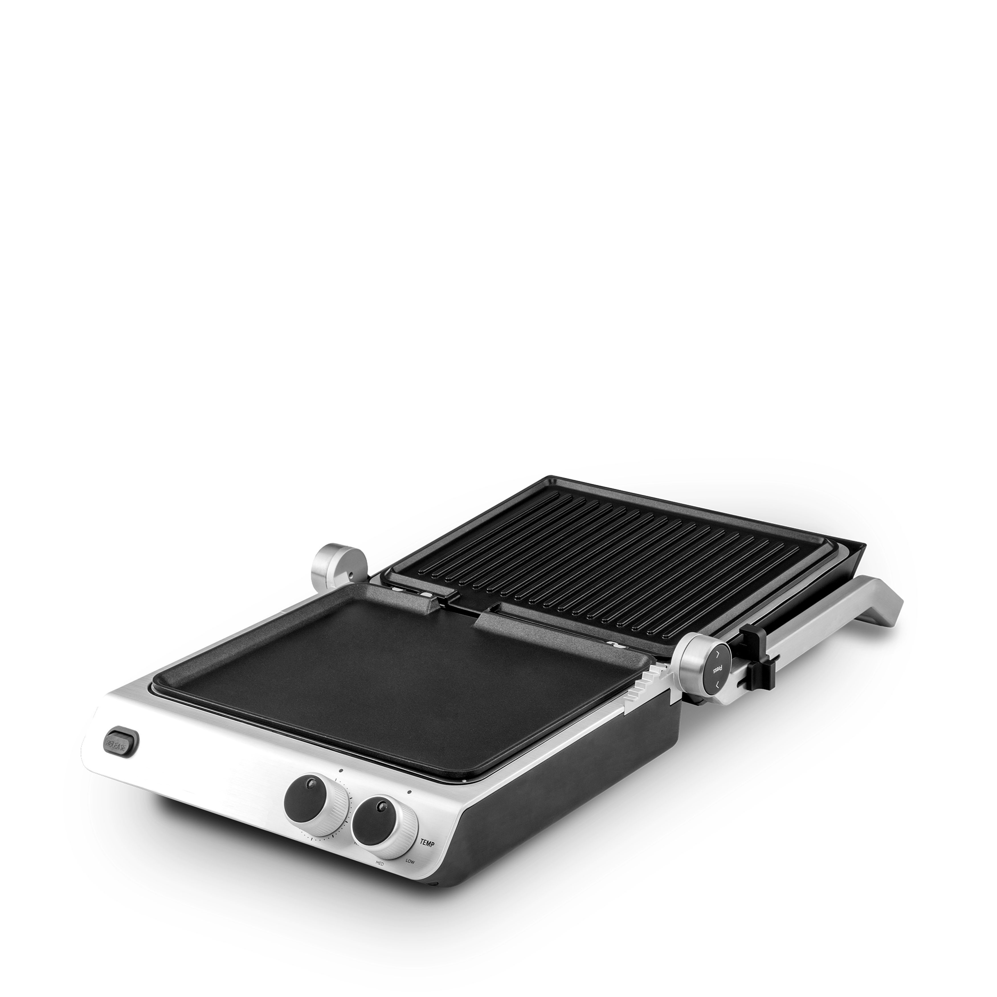 Eine silberne und schwarze Grillplatte, geöffnet. Es hat eine flache und eine gerippte Kochfläche.