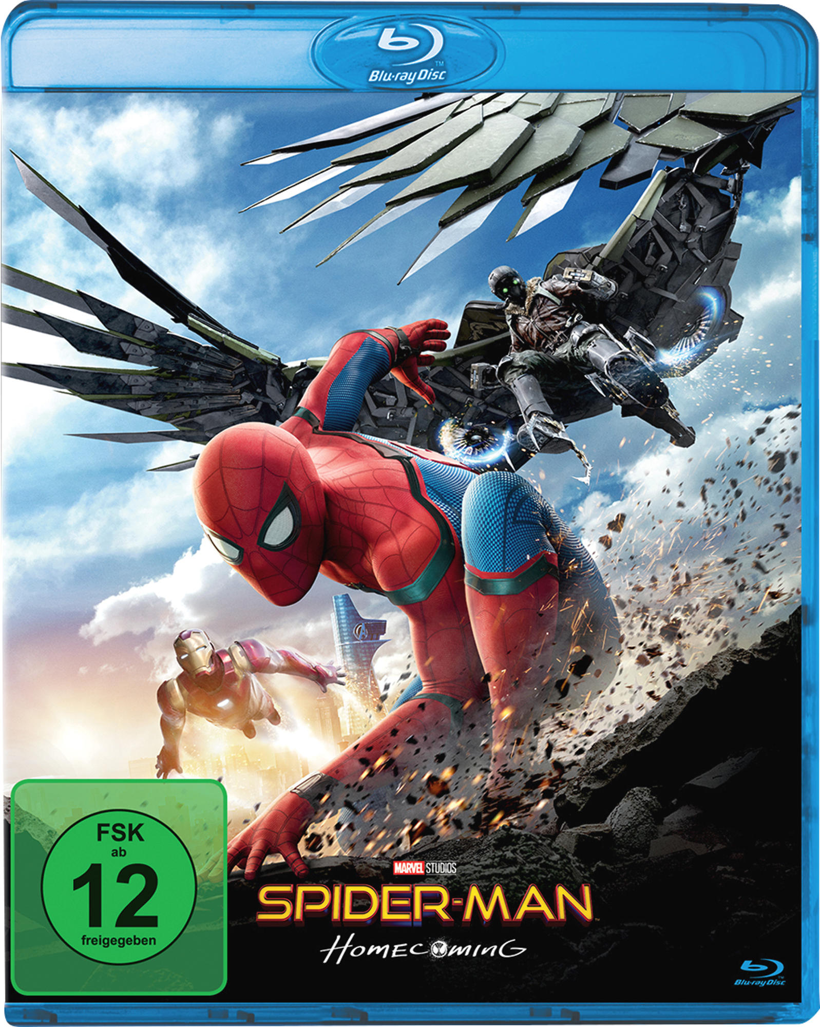 Spider-Man Homecoming DVD-Cover. Spider-Man in der Luft, mit Iron Man und dem Geier.