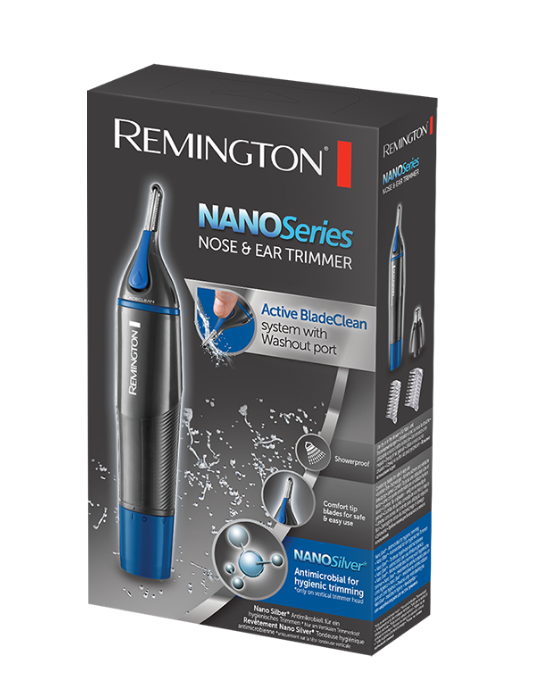 A box of a Remington NanoSeries nose and ear trimmer. The box is mostly black and blue.