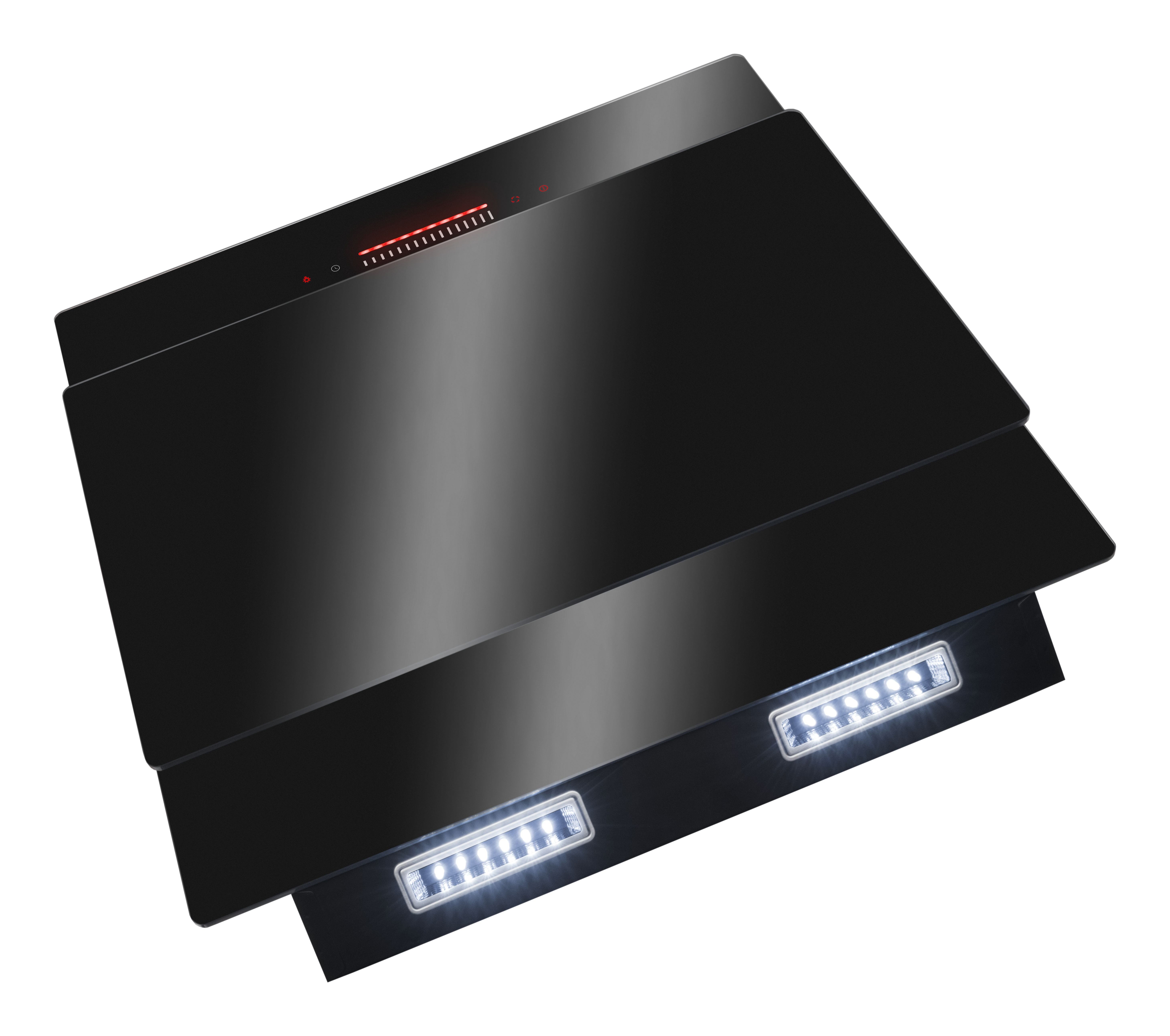 Eine schwarze Dunstabzugshaube mit glänzender Oberfläche. Sie hat ein Bedienfeld mit roten Lichtern und LED-Leuchten unten.
