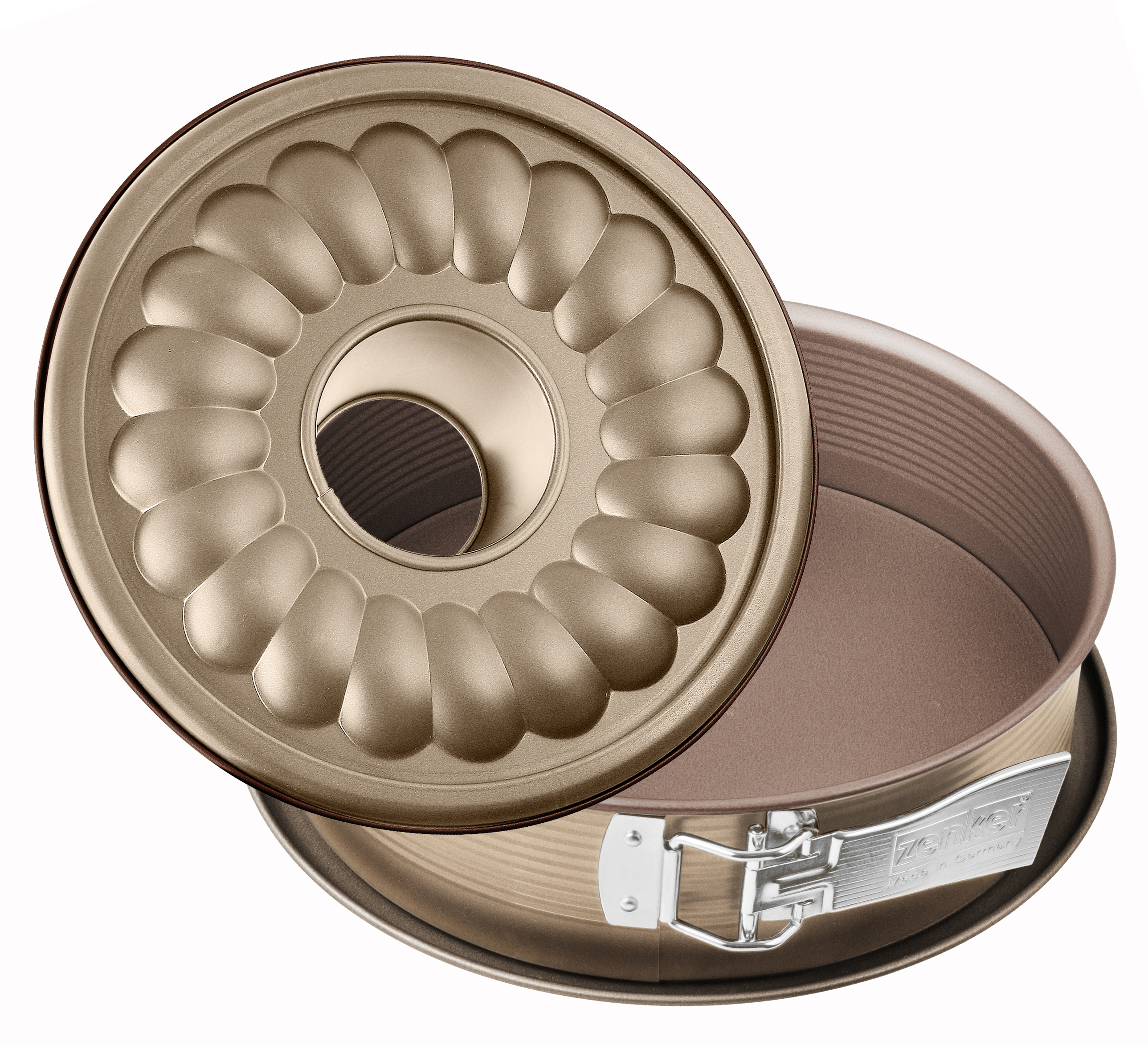 Eine goldene Kuchenform mit Deckel. Die Form ist offen.