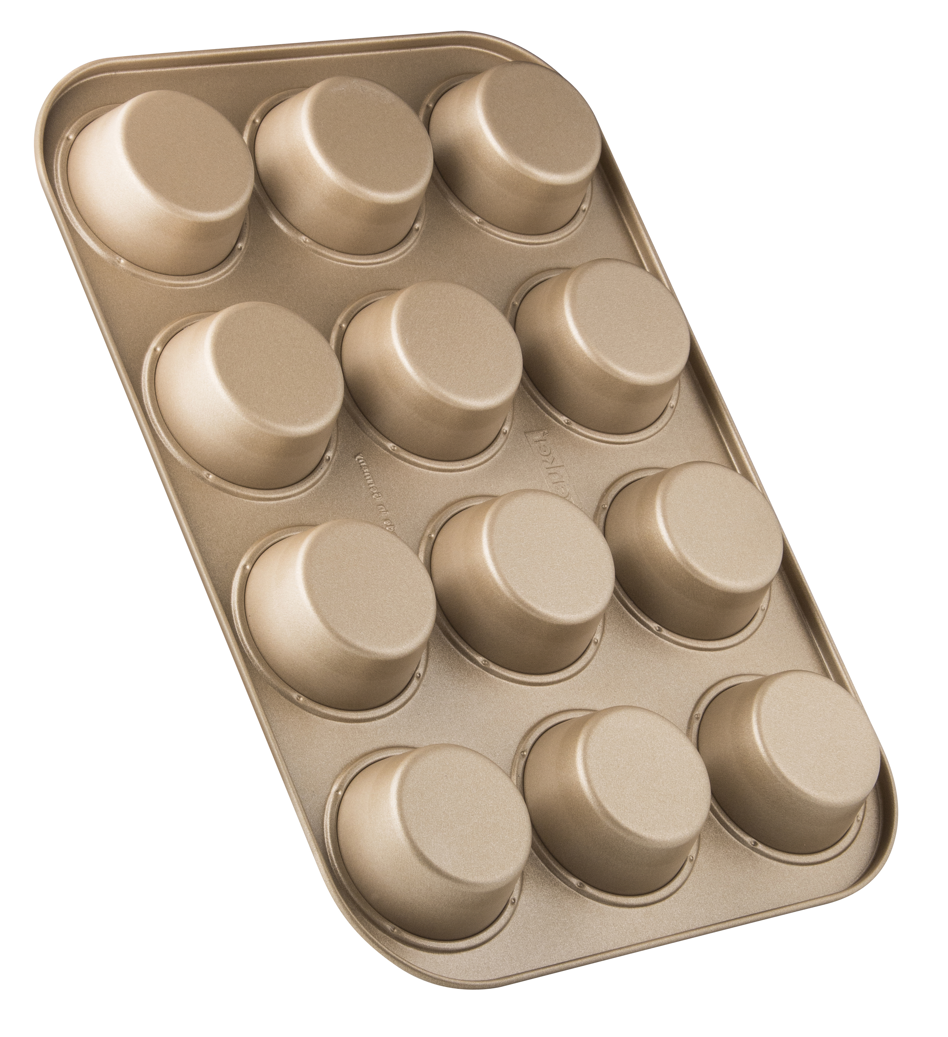 Goldene Muffinform mit 12 runden Formen.
