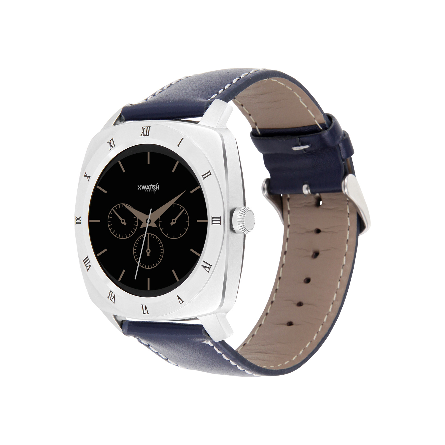 XLYNE PRO NARA XW (54018) Smartwatch Metall Echtleder, 200 mm x 24 mm, Gehäuse: Silber / Armband: Navy Blue