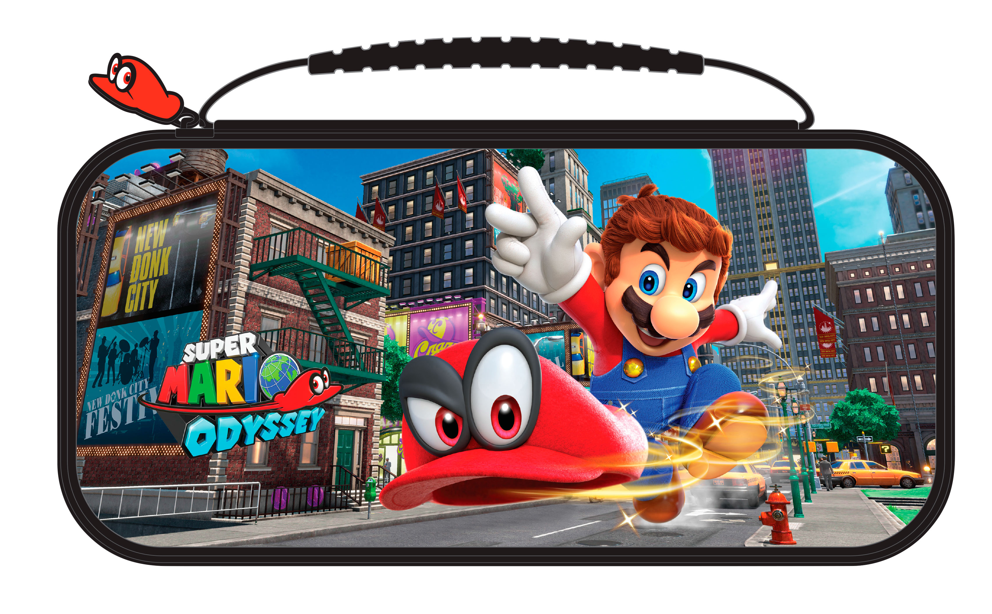 Eine schwarze Switch-Hülle mit einer Spielszene von Mario in New Donk City. Der Spieletitel ist sichtbar.