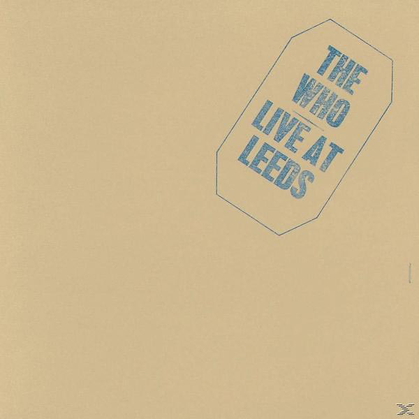 Beigefarbenes Papier mit blauem rautenförmigen Etikett, Text 'THE WHO LIVE AT LEEDS' im Etikett.