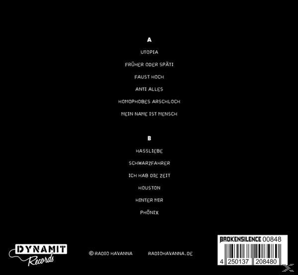 Schwarzer Hintergrund mit weißem Text, der Songtitel und Logos für Dynamite Records und Broken Silence auflistet.
