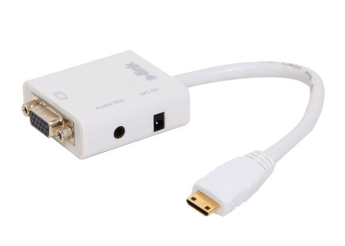 VGA portu ve HDMI kablosu olan beyaz bir adaptör.