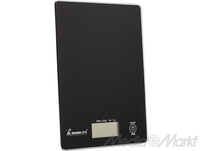 Fekete digitális konyhai mérleg. A kijelzőn: 'Max. 5 kg'. Fehér háttér. MediaMarkt logó.
