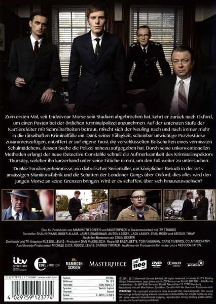 Die Rückseite einer DVD-Hülle mit Text und Bildern über die Fernsehserie Endeavour.