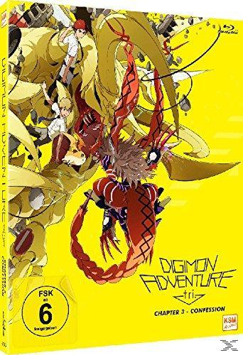 Digimon Adventure Tri Kapitel 3 Geständnis DVD-Cover in Gelb mit Anime-Charakteren.
