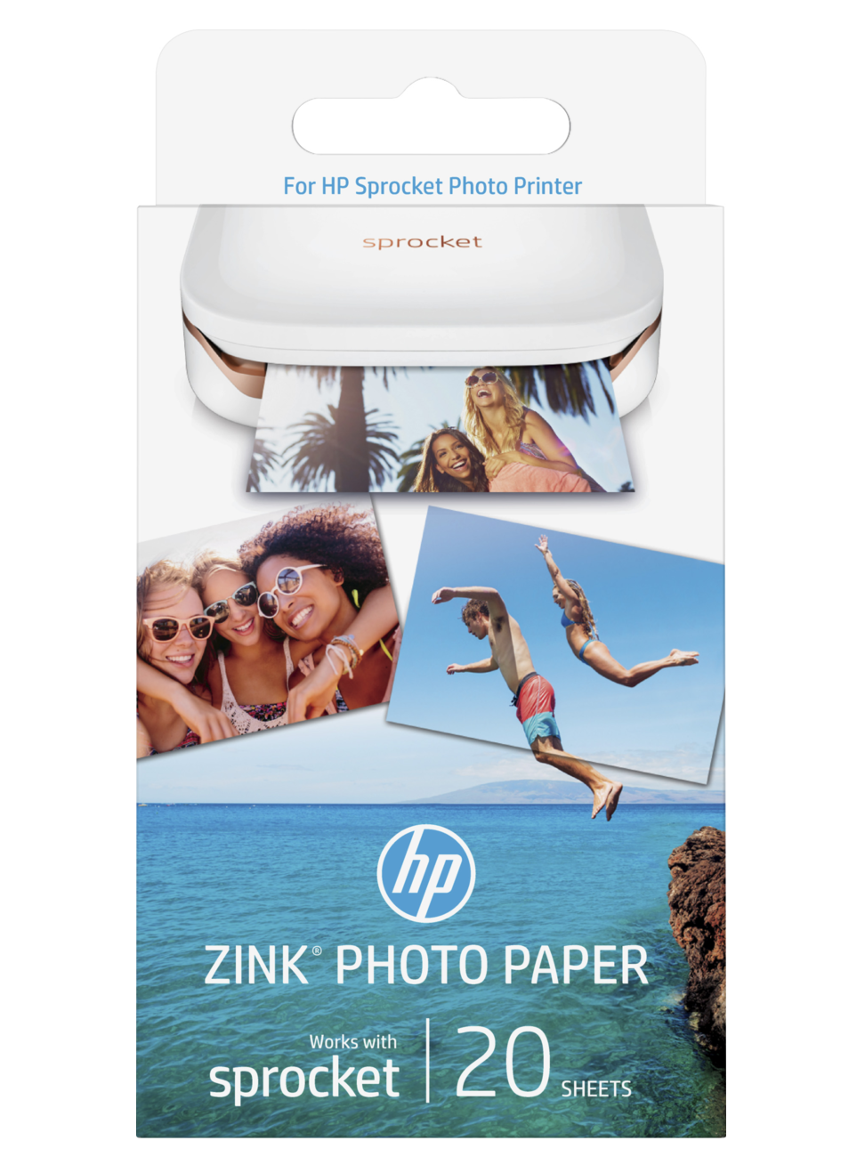 Doos met HP Sprocket fotoprinter. Er staan foto's van mensen op de doos.