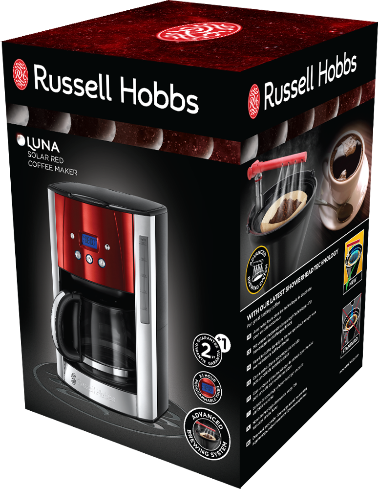 Russell Hobbs Luna piros kávéfőző dobozban, képekkel és szöveges részletekkel.