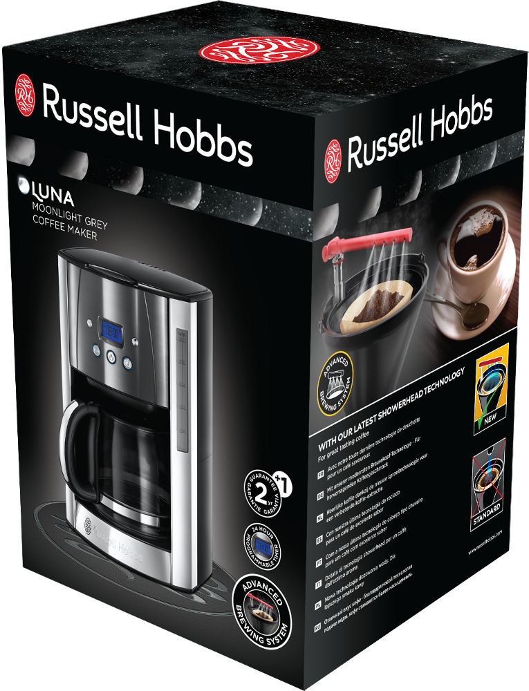 Coffee maker box, black with a coffee cup image. Text: Russell Hobbs LUNA, and Advanced Brewing System.