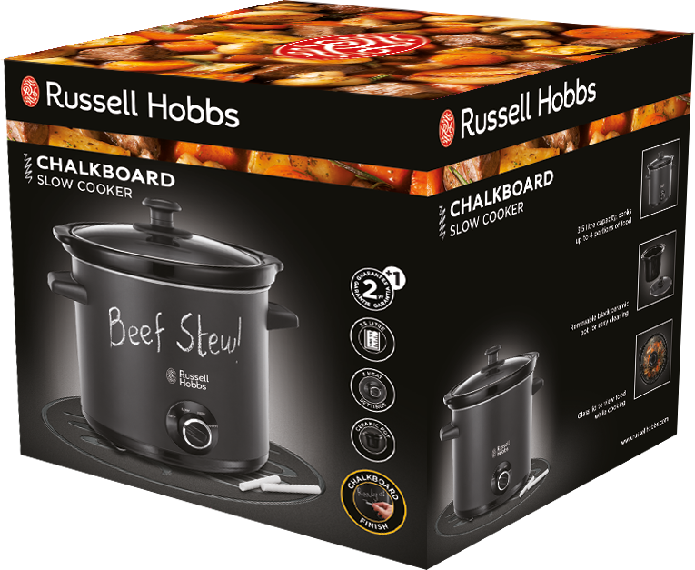 Fekete lassúfőző, elől a "Beef Stew" felirattal. A doboz a főzőt és az ételt mutatja.