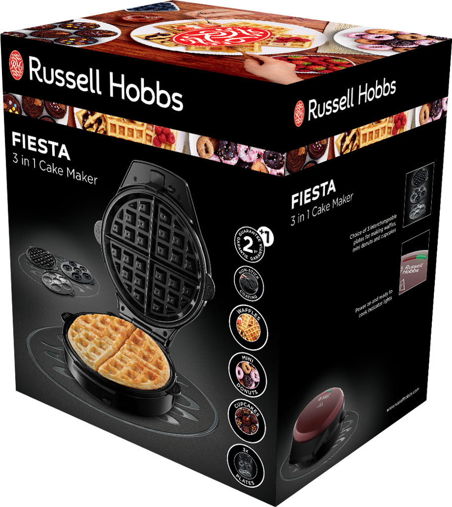 Dobozos Russell Hobbs Fiesta 3 az 1-ben sütő. A termék és a gofri látható.