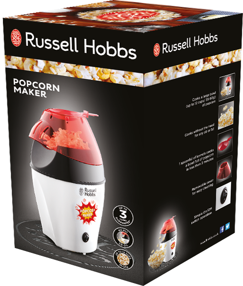Egy Russell Hobbs pattogatott kukorica készítő, piros és fekete, a terméket ábrázoló dobozzal.