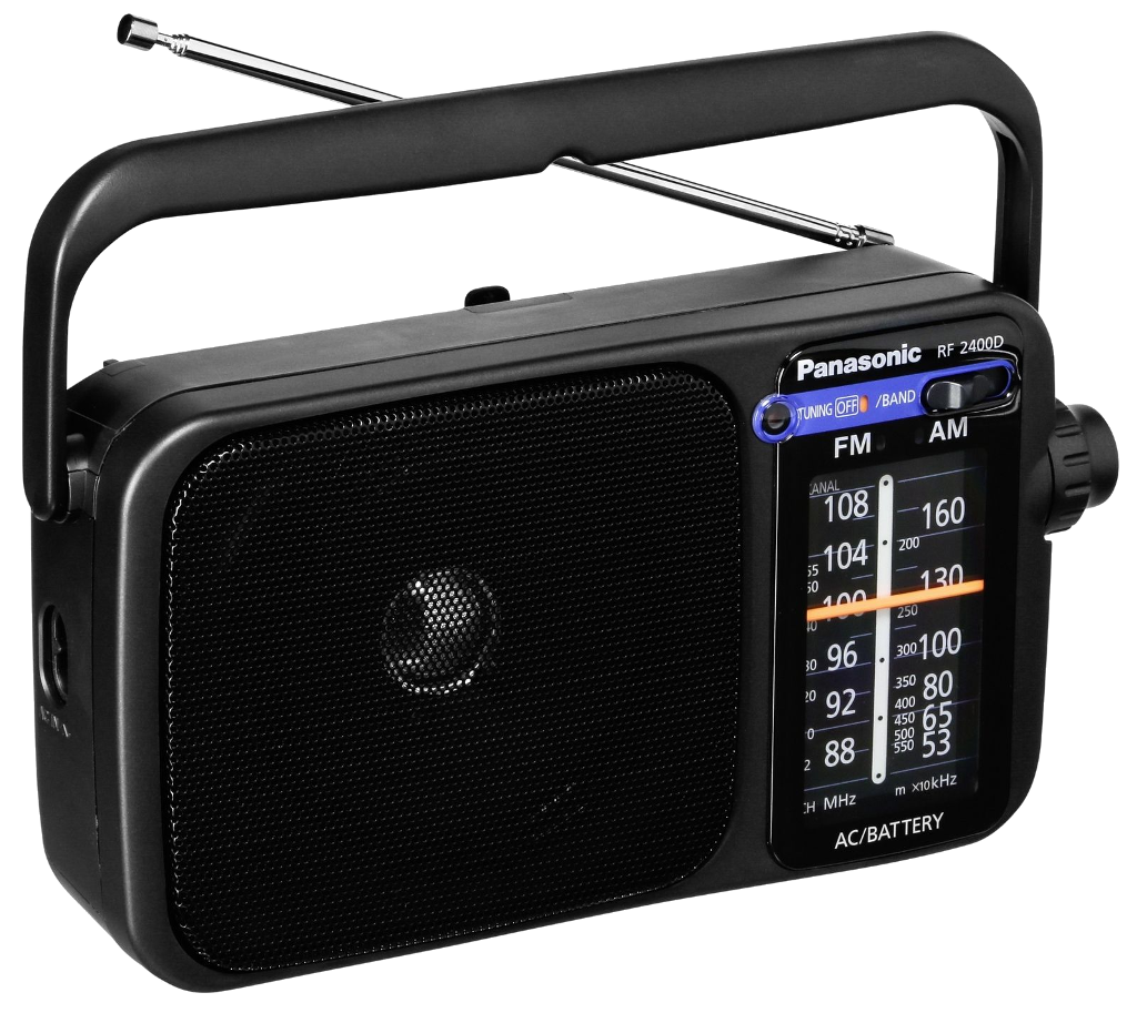 Fekete Panasonic rádió. Antenna kihúzva. AM/FM tárcsa. Fekete háttér.