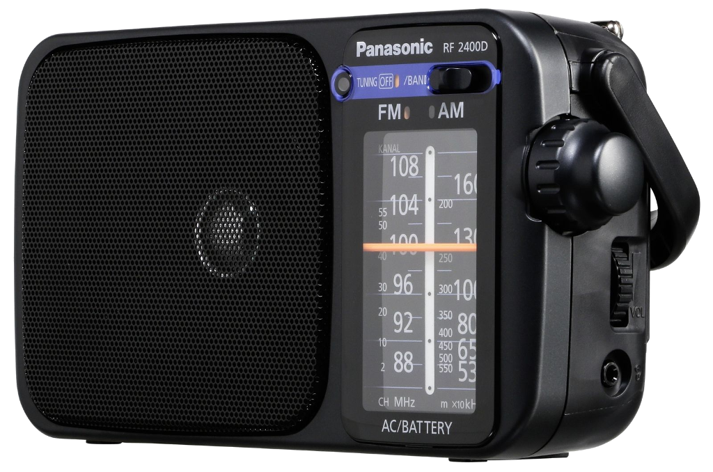 Fekete Panasonic rádió, hangolótárcsával, FM és AM frekvenciákat mutatva.