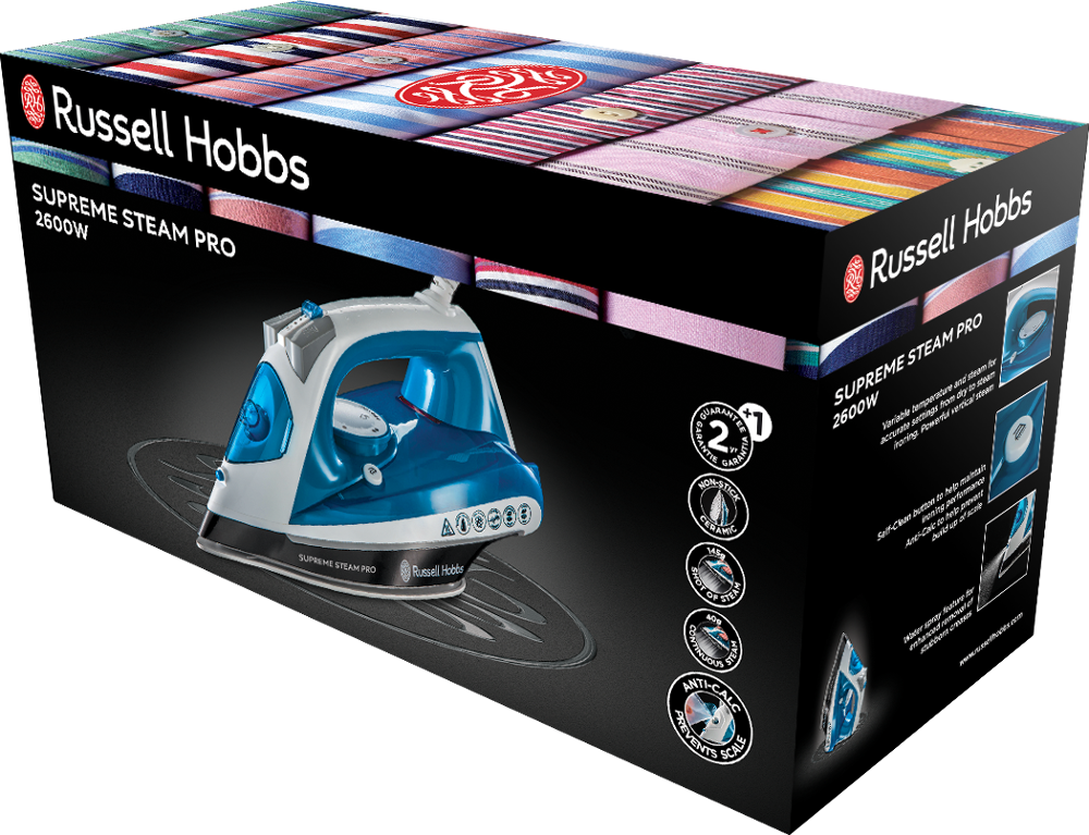 Dobozos Russell Hobbs Supreme Steam Pro vasaló. A csomagoláson a vasaló adatai láthatók.