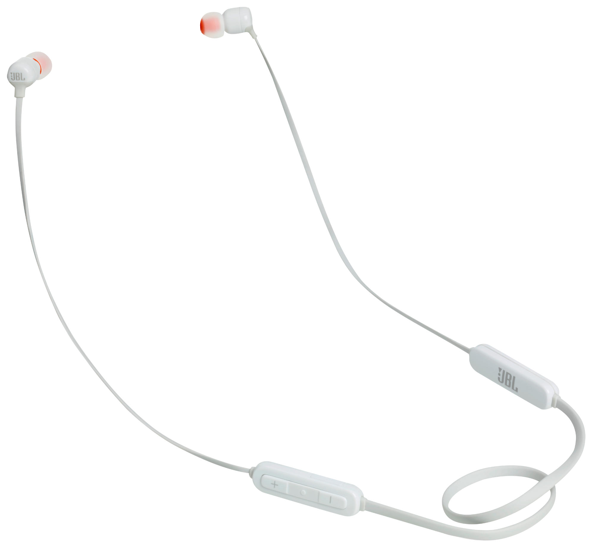 Auriculares JBL blancos con puntas naranjas. El cable tiene un control y el logotipo de JBL.