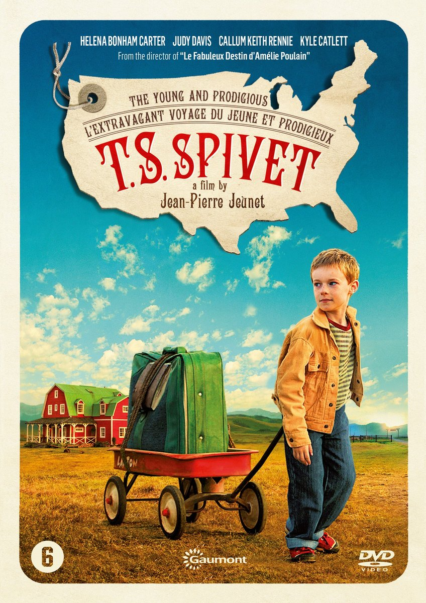 Filmposter: Jongen met wagen, rode schuur en kaart van de VS. Titel: T.S. Spivet